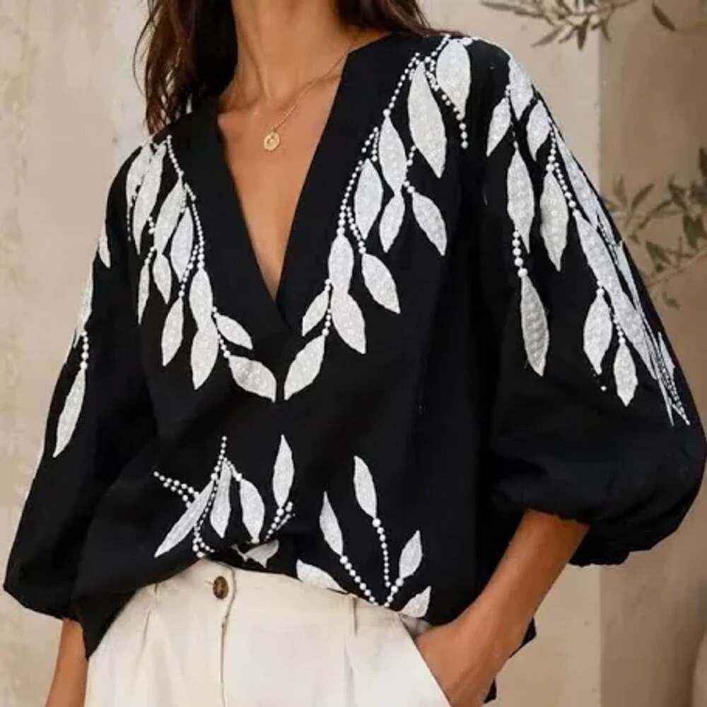 Anthropologie Black Puff-Sleeve Embroidered Blouse Sz Small